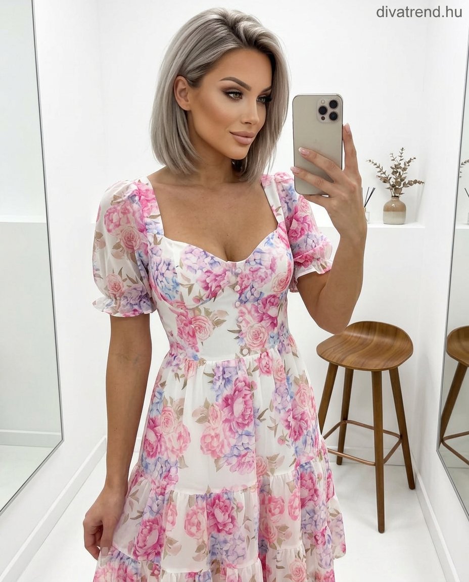 fehér pink Virágmintás nyári mini ruha