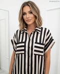 fehértört fekete csíkos női szatén ing, rövid ujjú