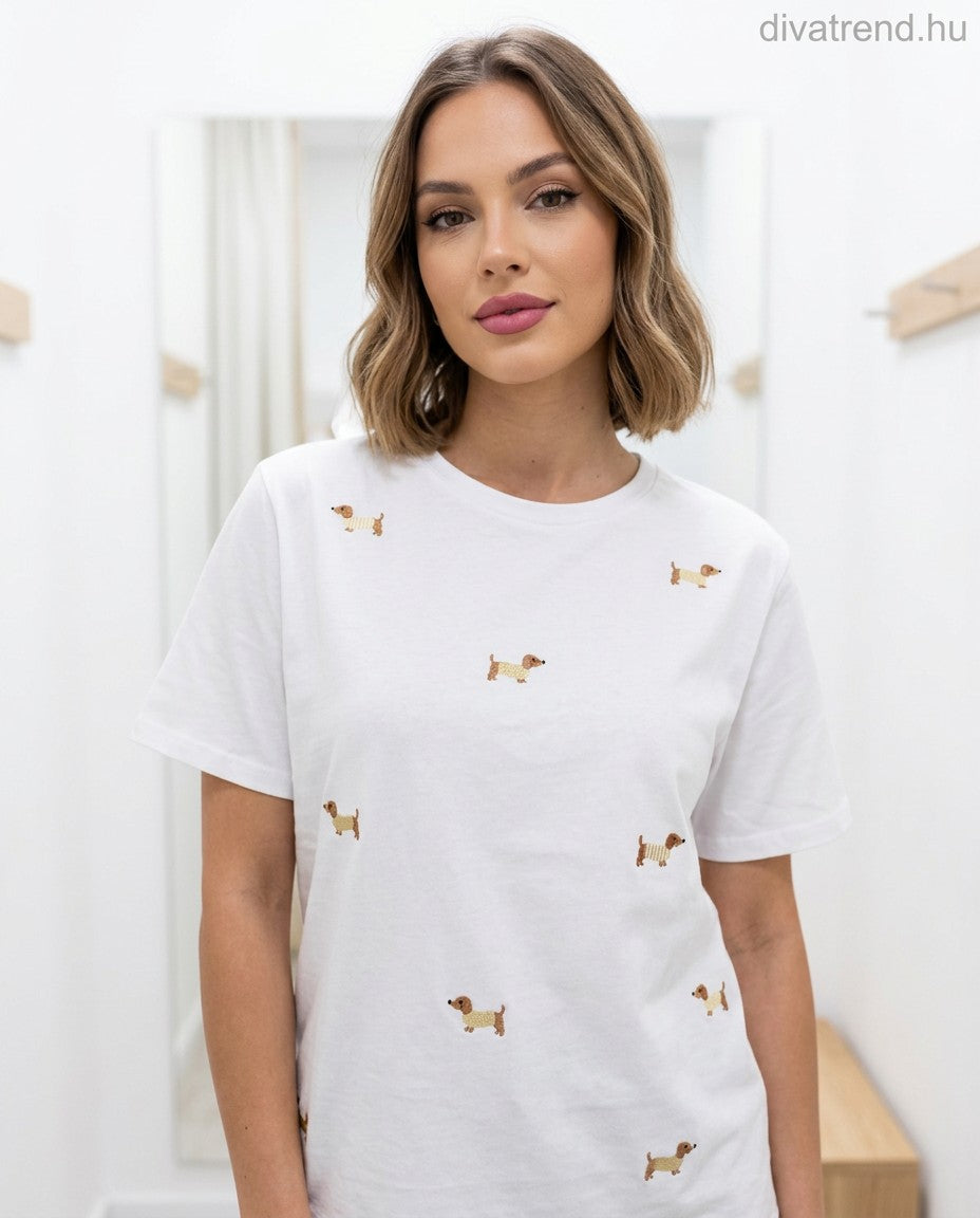 fehér sárga női pamut póló kutyás hímzésekkel