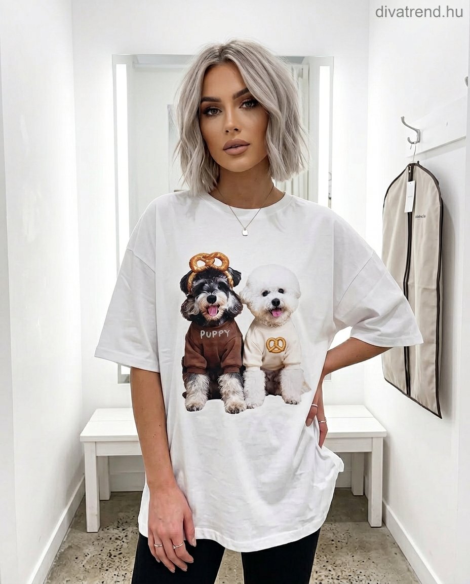 fehér női pamut póló kutya mintás