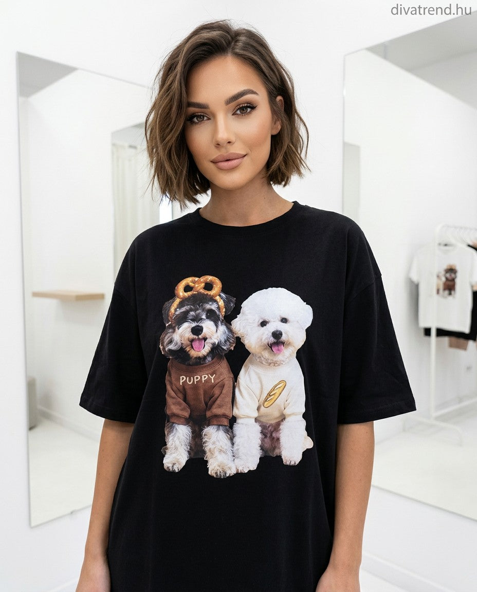 fekete női pamut póló kutya mintás
