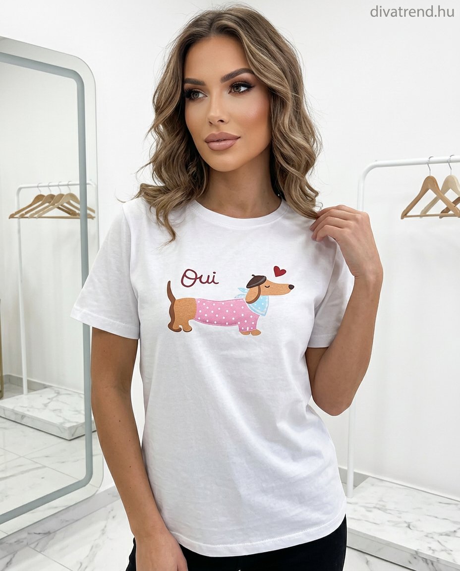 fehér pink női pamut póló kutya mintás