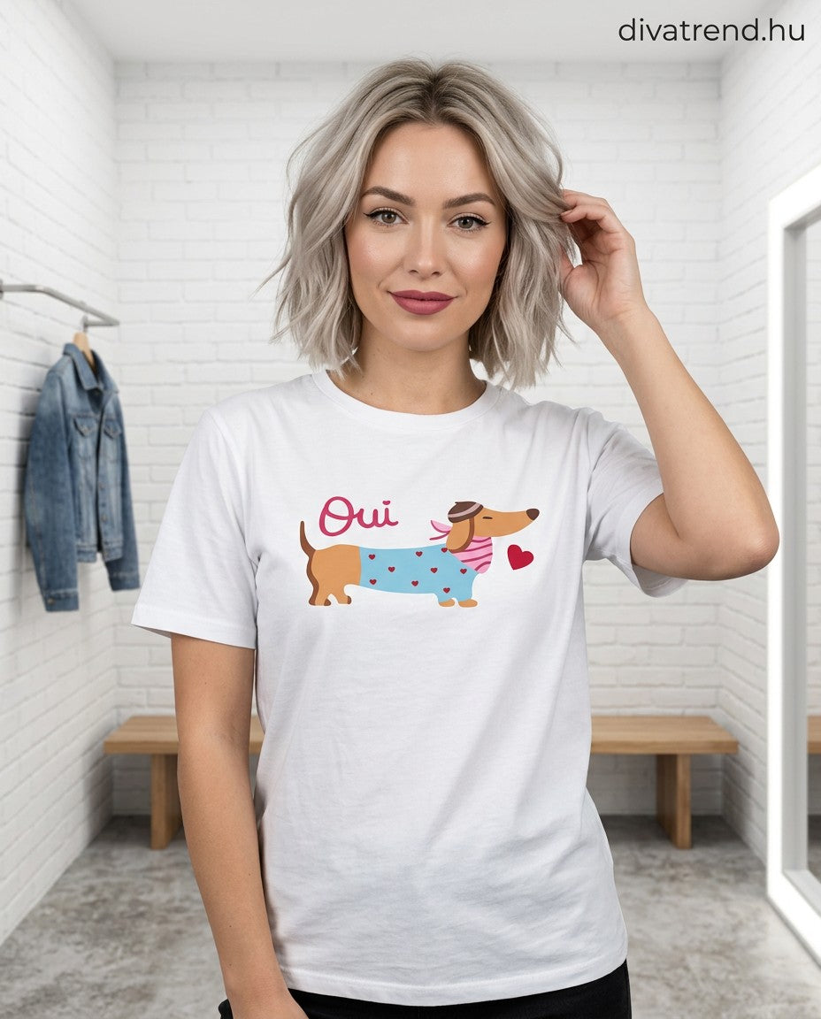 fehér kék női pamut póló kutya mintás