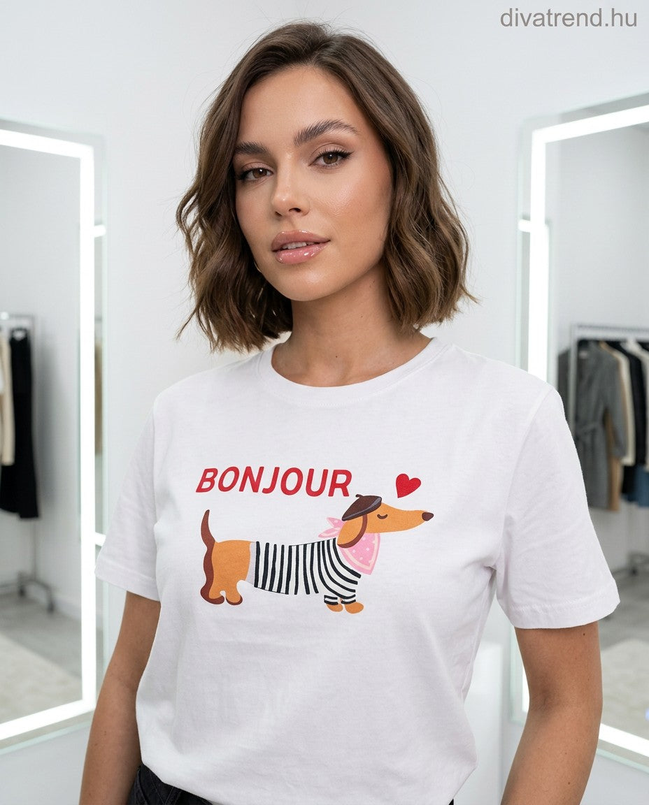 fehér fekete női pamut póló kutya mintás