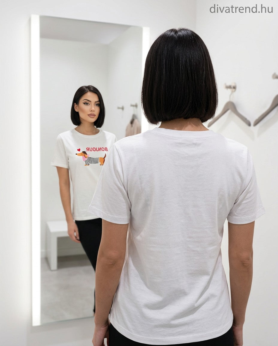 női pamut póló kutya mintás hátulról