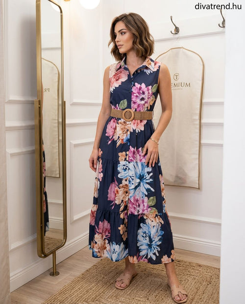kék sötét virágmintás pamut maxi ruha