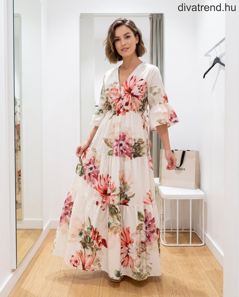 fehértört virágmintás pamut maxi ruha