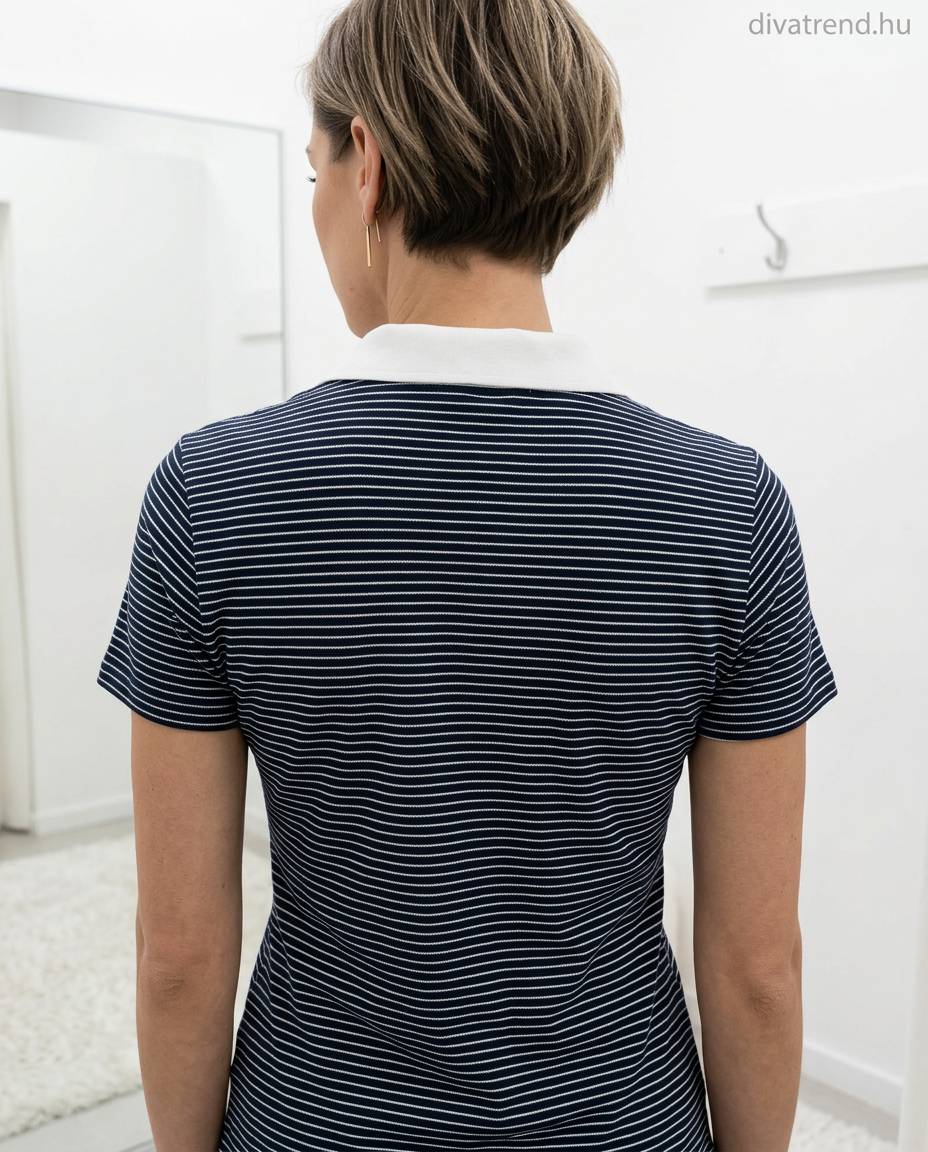 csíkos női bordázott pamut pólóing, hímzett szívvel hátulról