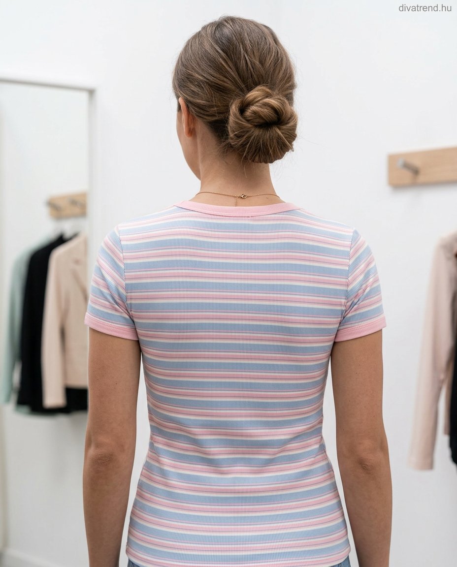 csíkos női bordázott  pamut póló, hímzett gyümölccsel hátulról
