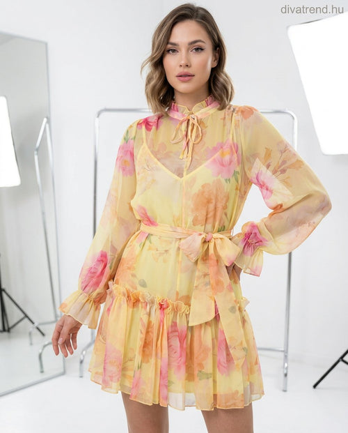 sárga virágmintás sifon mini ruha