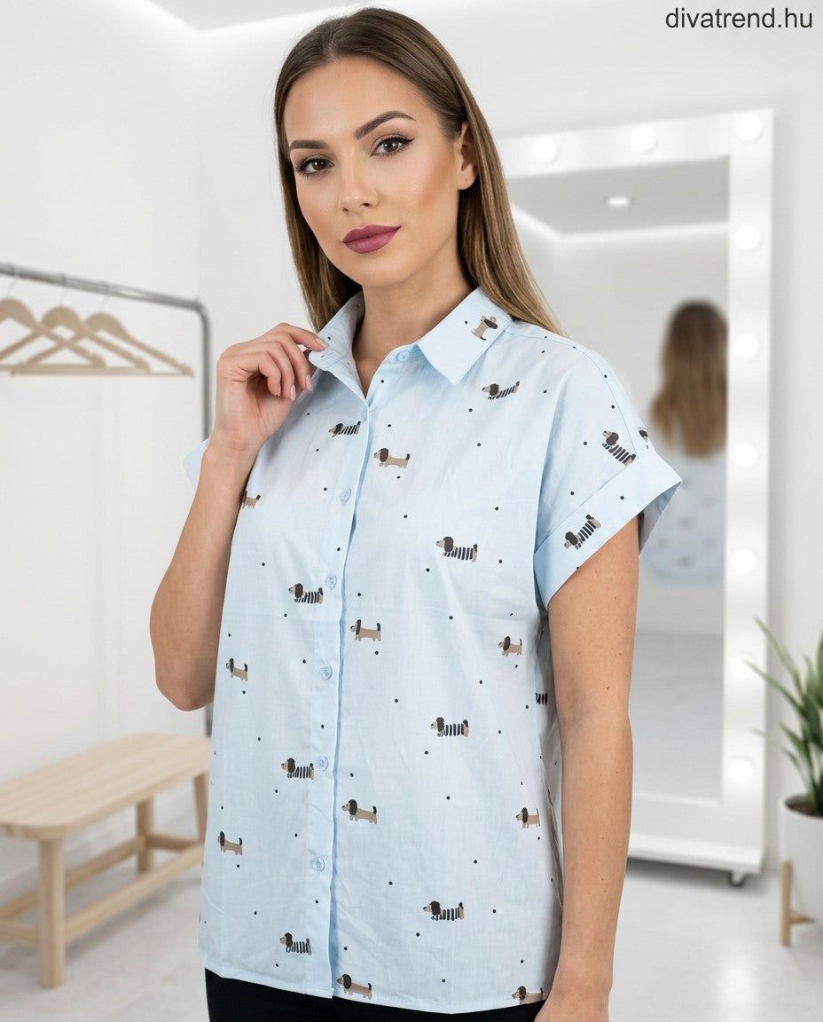 kék világos női pamut ing kutyás, rövid ujjú