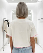 női pamut póló, bicikli és virág mintás, kötött szegéllyel hátulról