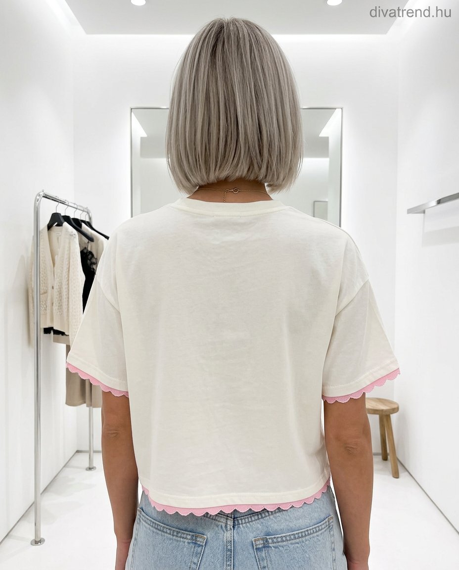 női pamut póló, bicikli és virág mintás, kötött szegéllyel hátulról