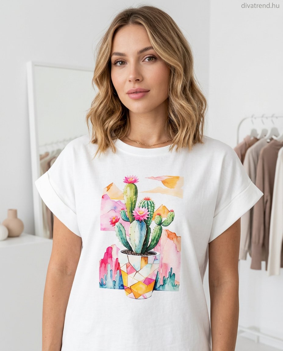 fehér női pamut póló, kaktusz mintás