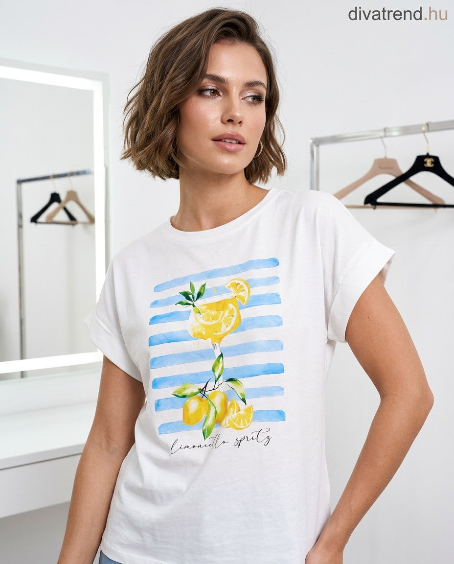 fehér női pamut póló citromos mintás