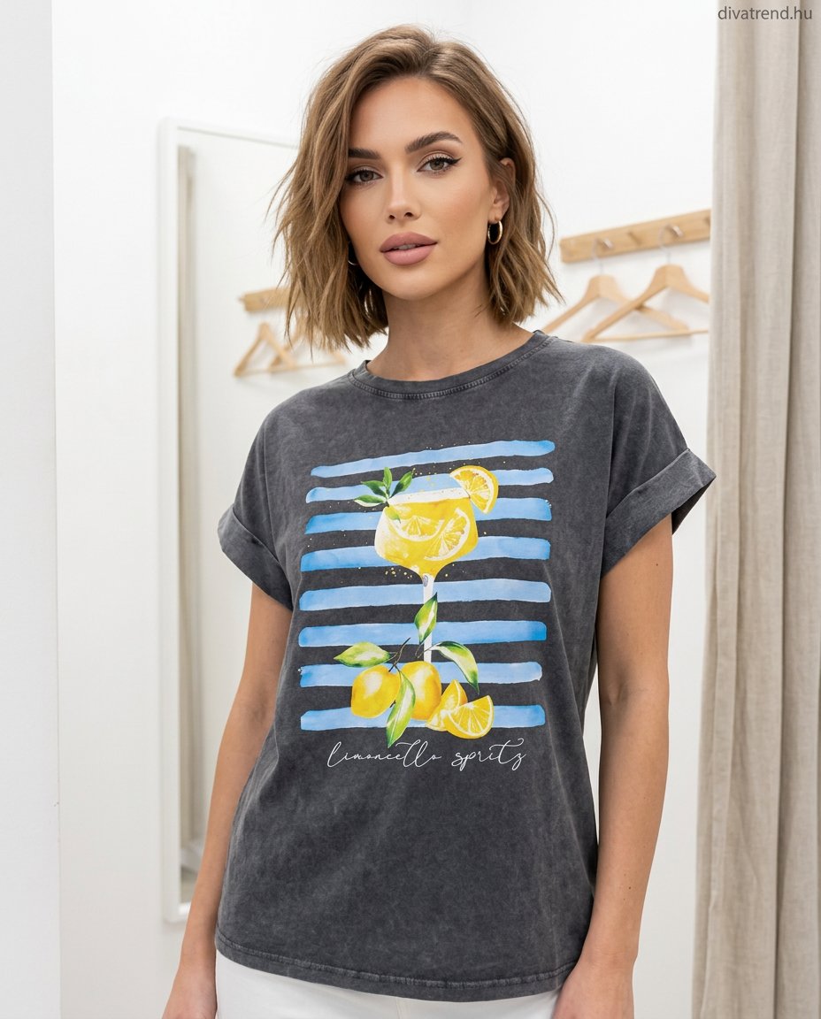szürke női pamut póló citromos mintás