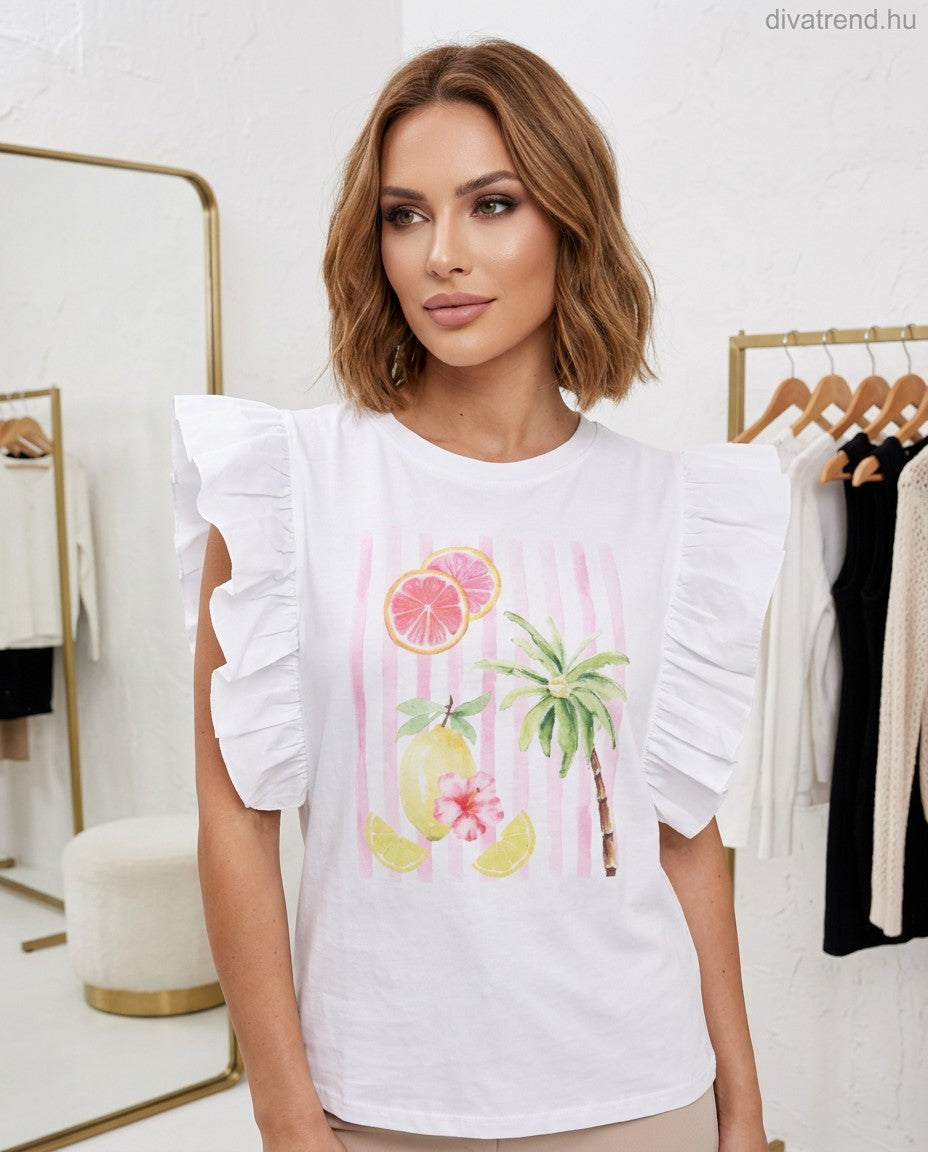 fehér női pamut póló fodros vállú, citrom, pálma