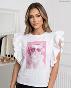 fehér női pamut póló fodros vállú, cicás