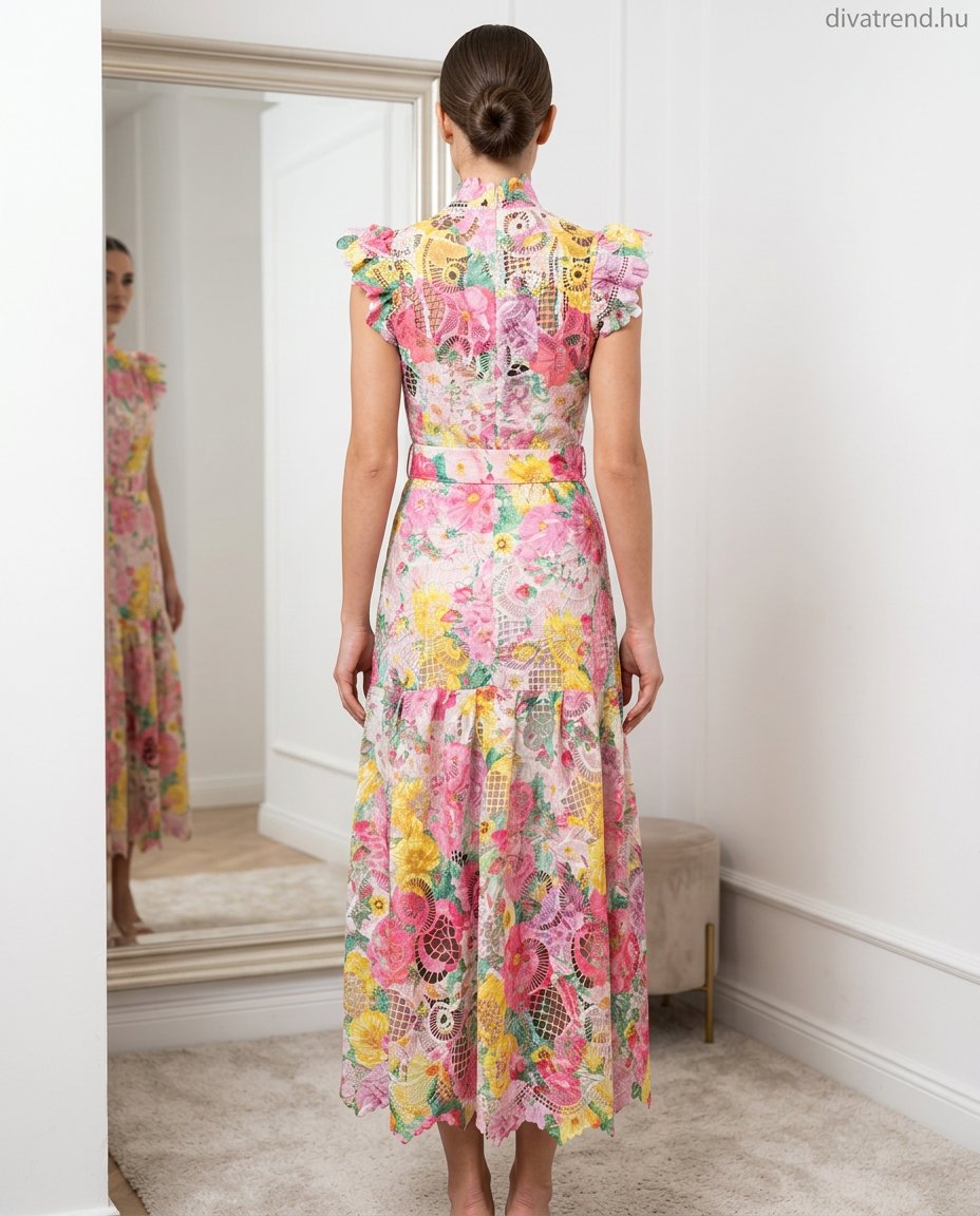 virágmintás madeira midi ingruha övvel hátulról