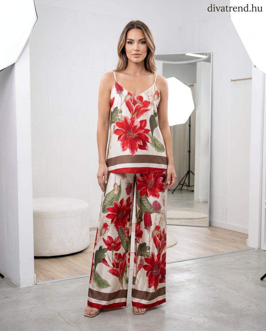 piros virágmintás szatén szett