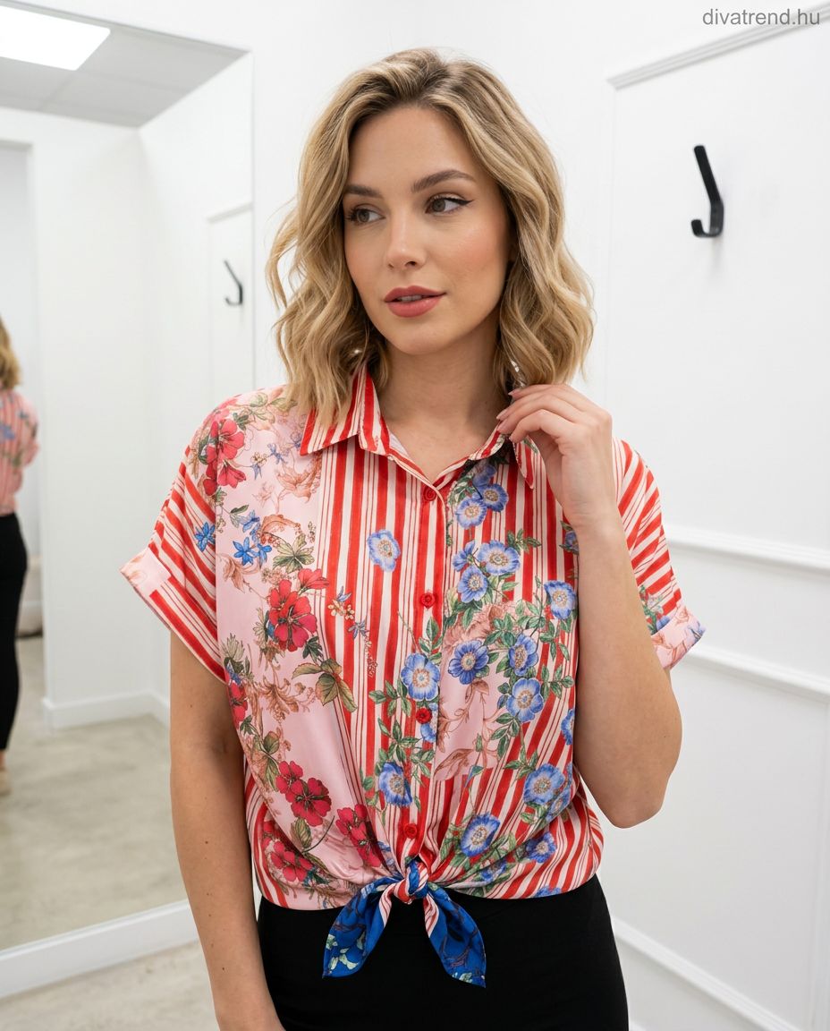 piros csíkos női szatén ing virágmintás