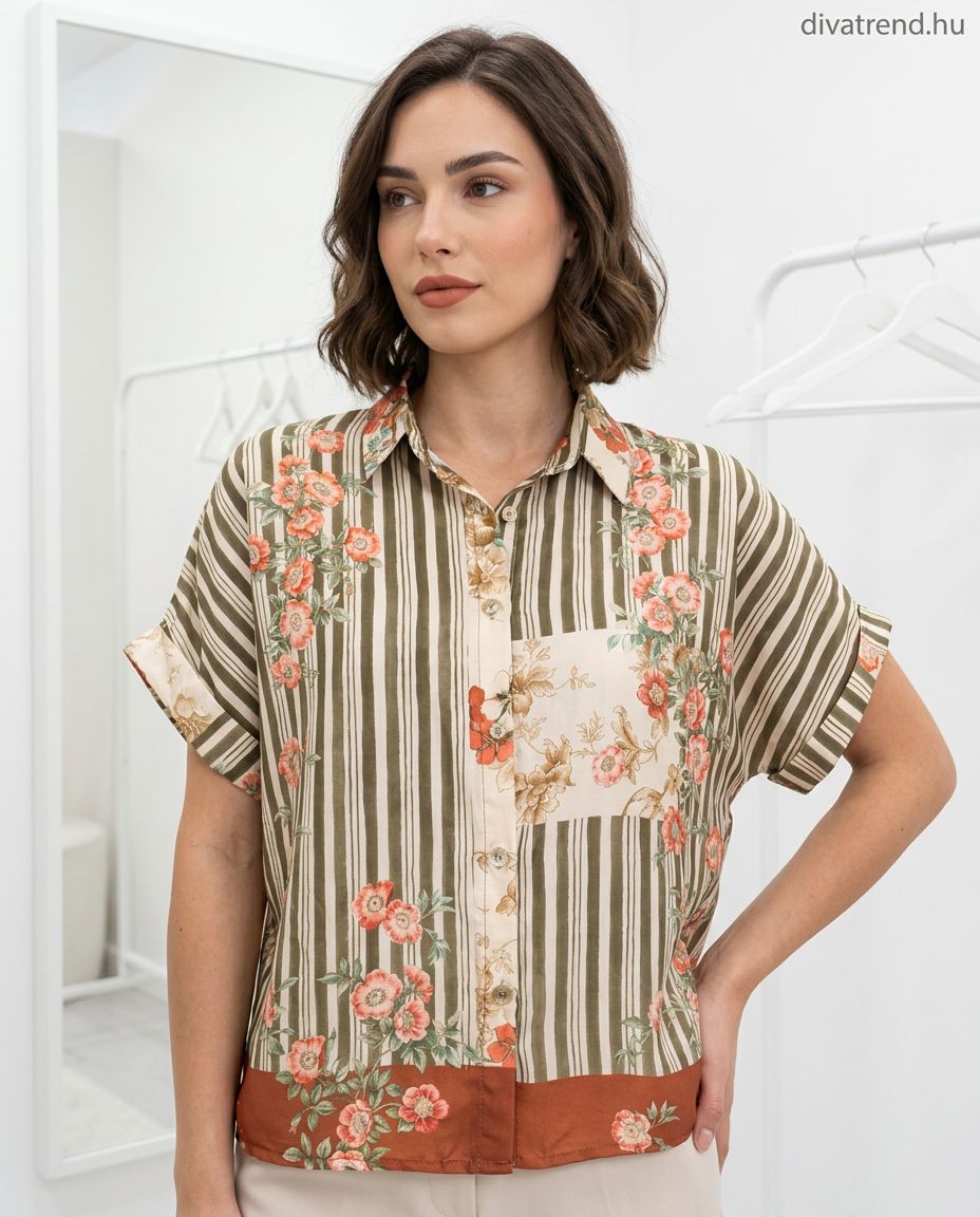 zöld csíkos női szatén ing virágmintás