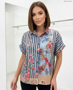 kék csíkos női szatén ing virágmintás