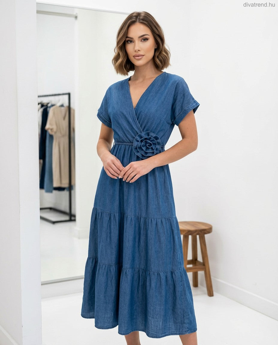 kék lyocell nyári midi ruha 3D virágos kötővel