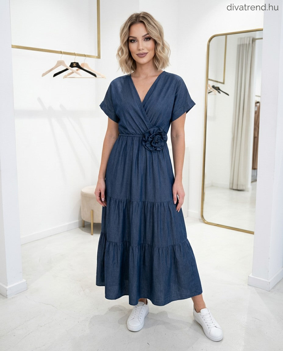 kék sötét lyocell nyári midi ruha 3D virágos kötővel