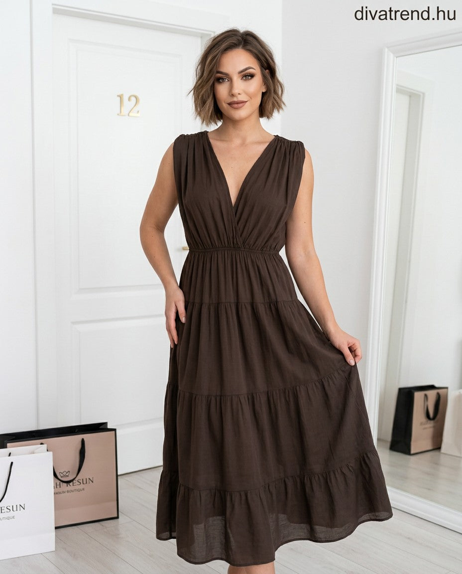barna pamut nyári midi ruha, V-nyakú hátul is