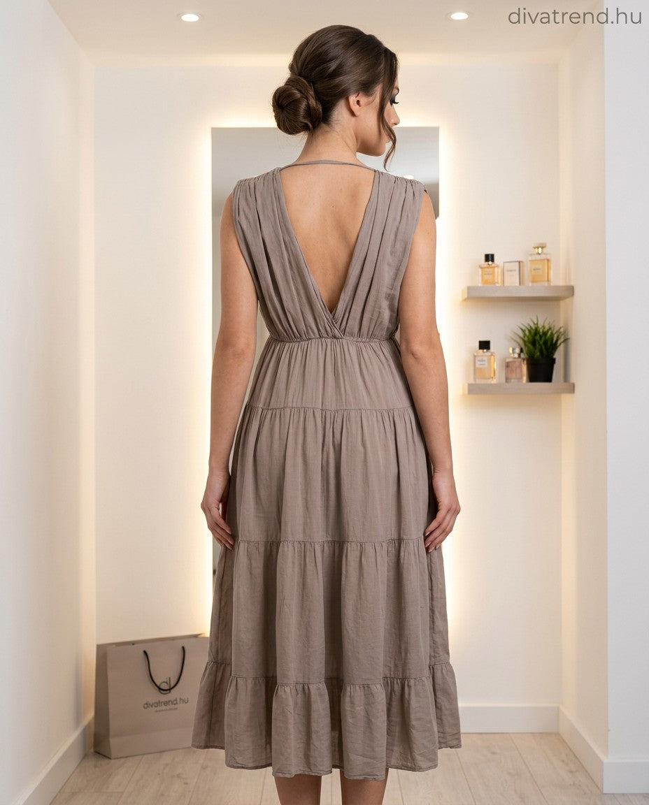 pamut nyári midi ruha, V-nyakú hátul is hátulról