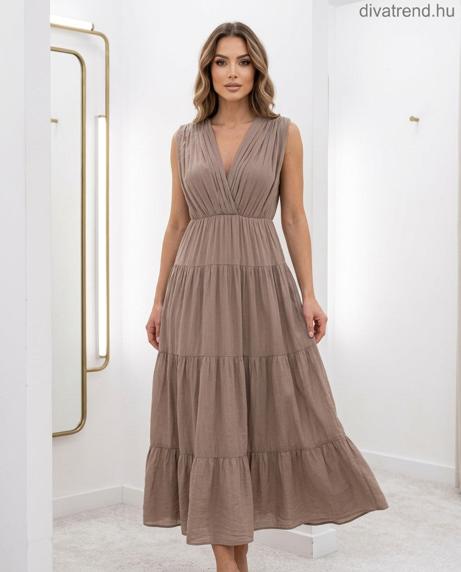 barnásszürke pamut nyári midi ruha, V-nyakú hátul is