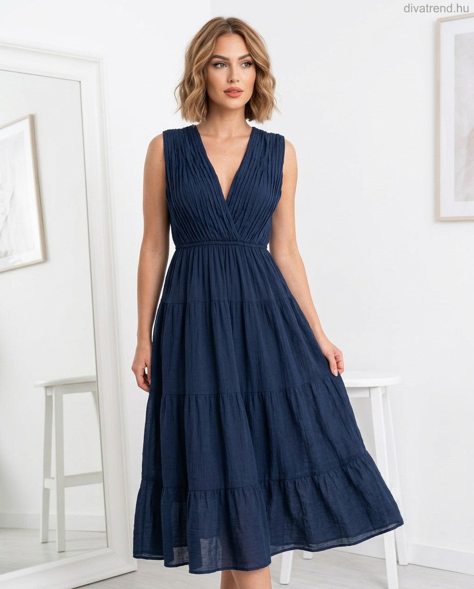 kék sötét pamut nyári midi ruha, V-nyakú hátul is