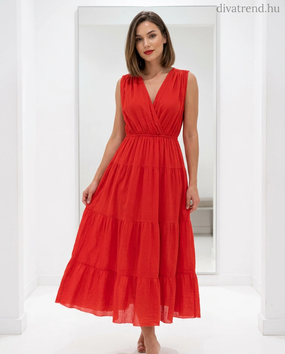piros pamut nyári midi ruha, V-nyakú hátul is