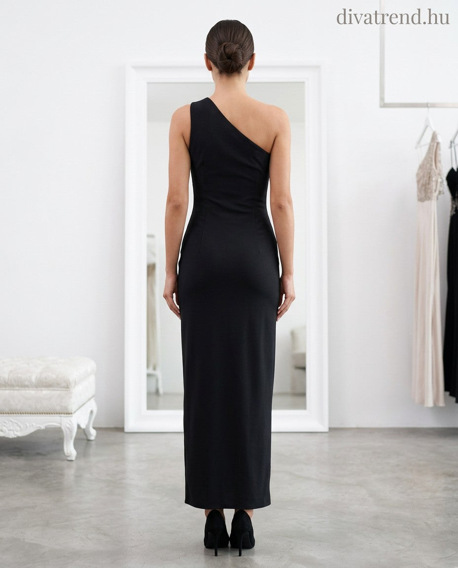 szatén maxi ruha, félvállú, 3D virággal hátulról