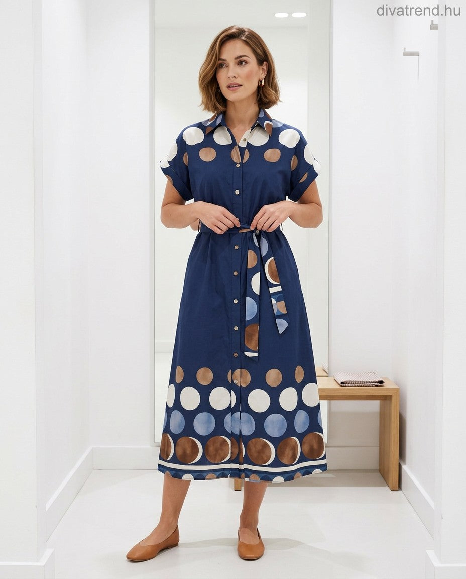 kék sötét pöttyös pamut midi ruha megkötővel