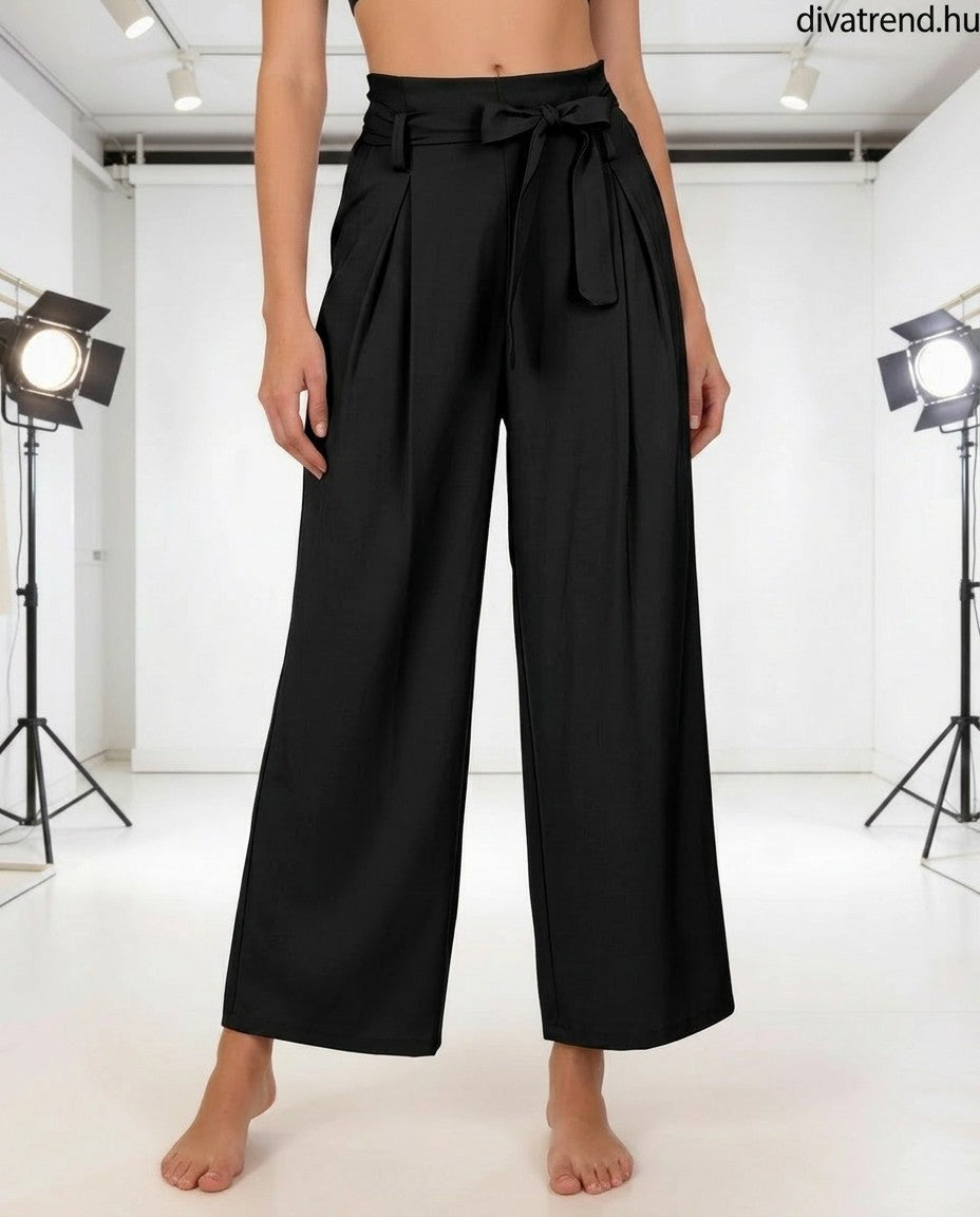 fekete női bőszárú viszkóz nadrág megkötővel