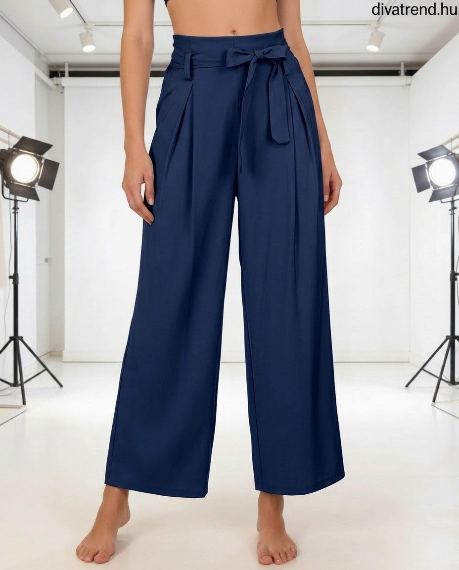 kék sötét női bőszárú viszkóz nadrág megkötővel