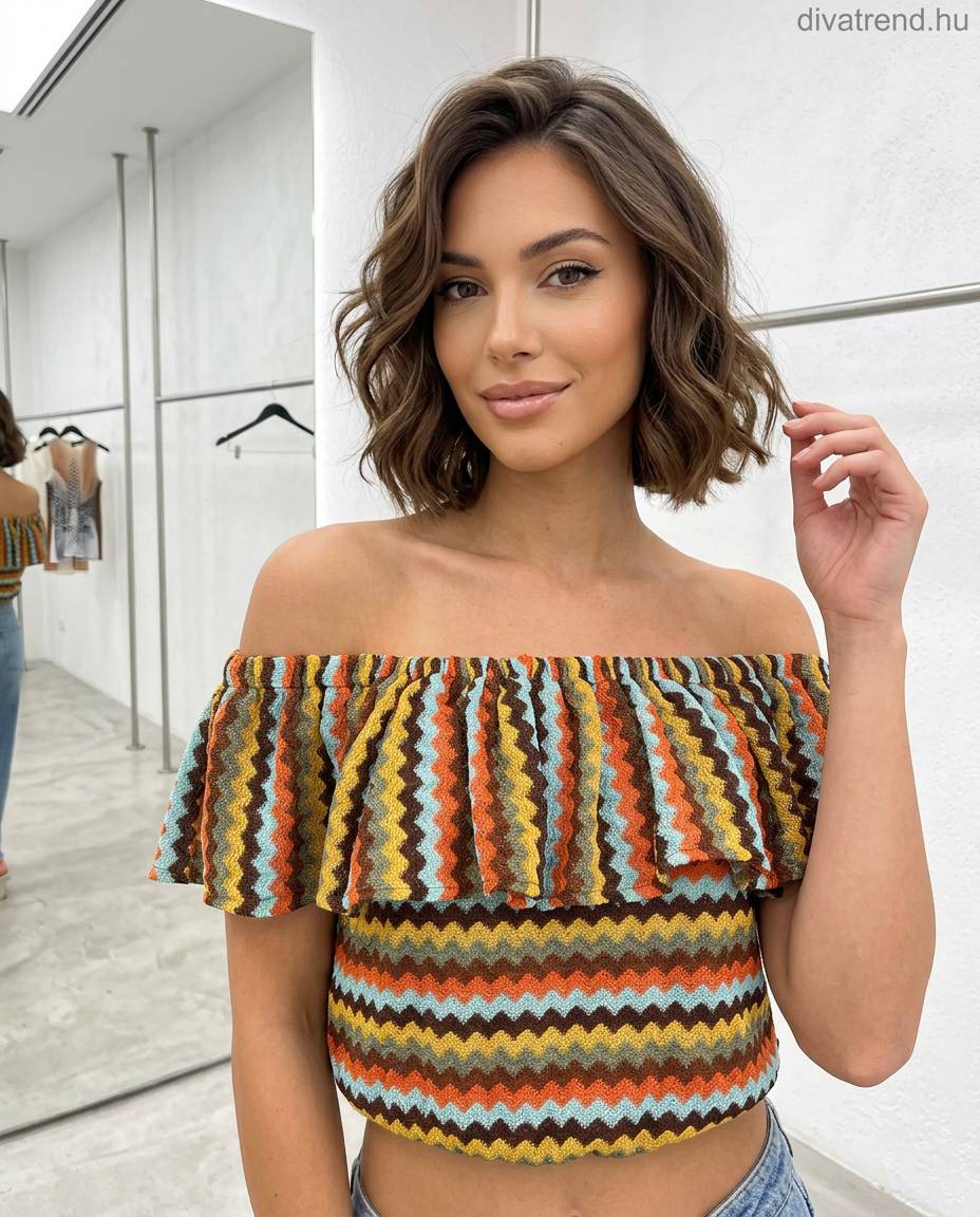 barna cikkcakk mintás carmen-top