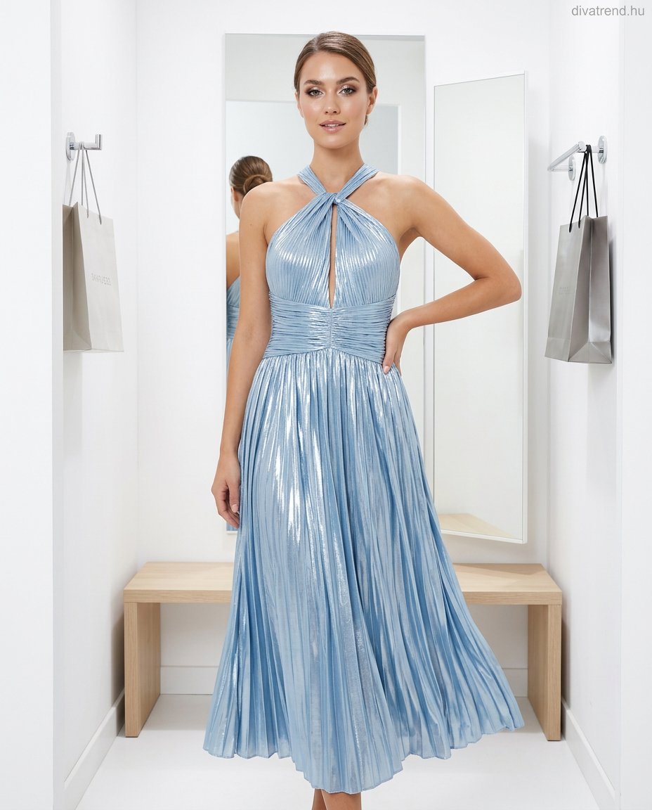 kék világos pliszírozott női midi ruha