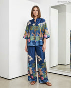 kék sötét trópusi mintás szatén nyári szett