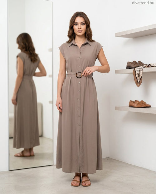 barnásszürke viszkóz maxi ruha övvel, ujjatlan