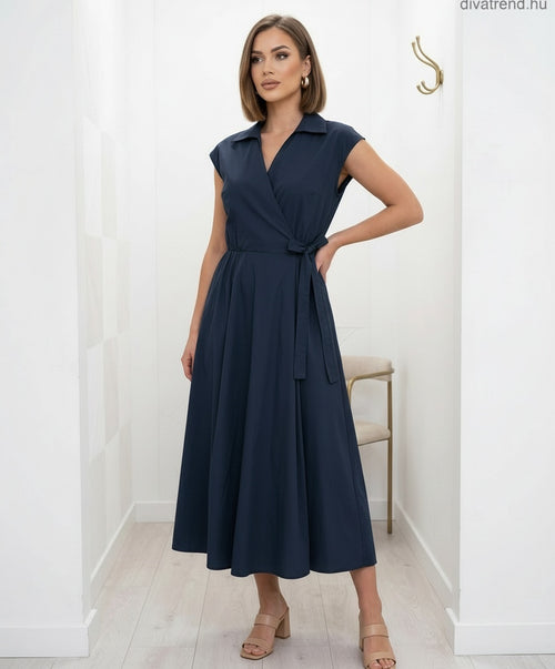 kék sötét pamut midi ruha megkötővel, ujjatlan