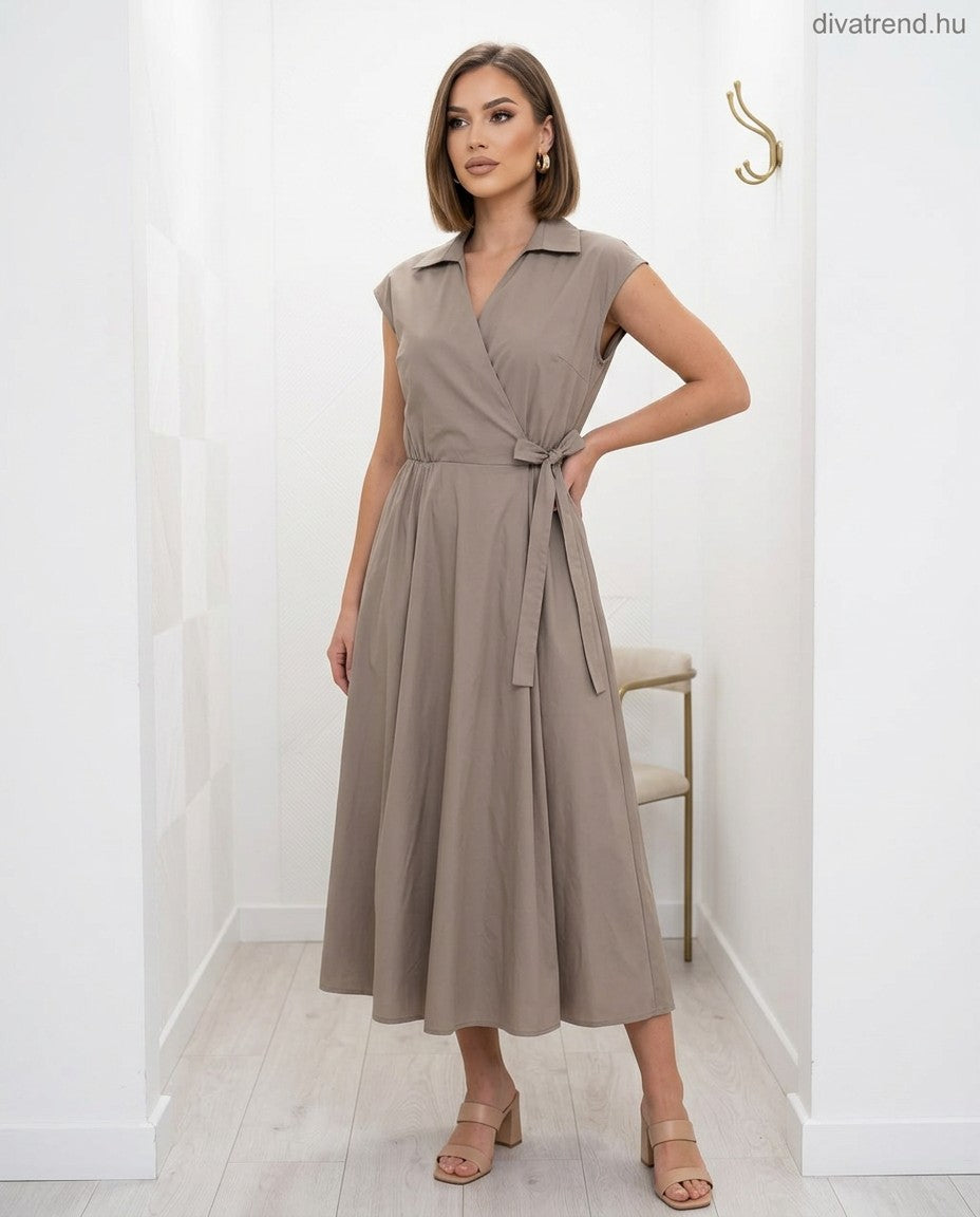 barna pamut midi ruha megkötővel, ujjatlan