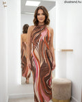barna absztrakt mintás nyári maxi ruha