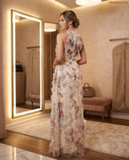 virágmintás fodros maxi ruha, tüll hatású hátulról