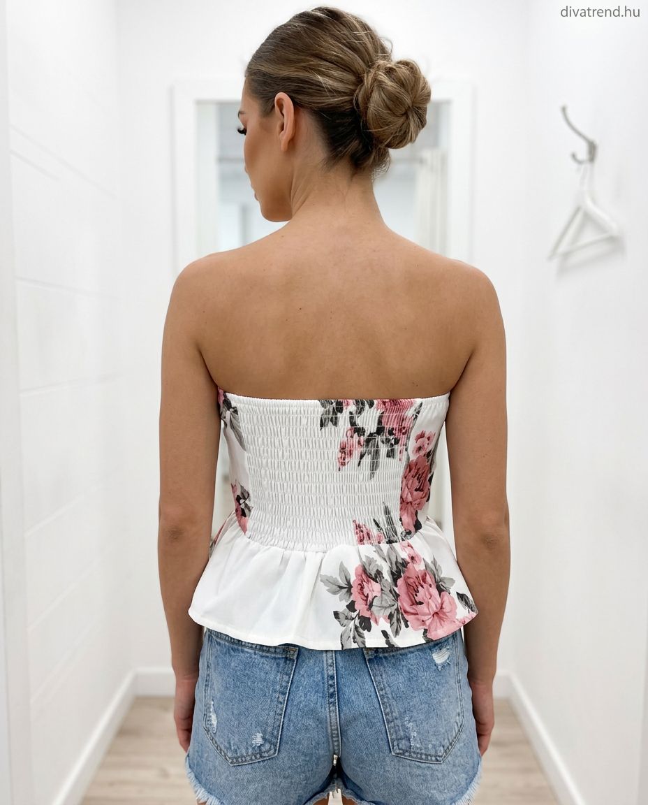 virágmintás pánt nélküli peplum top hátulról