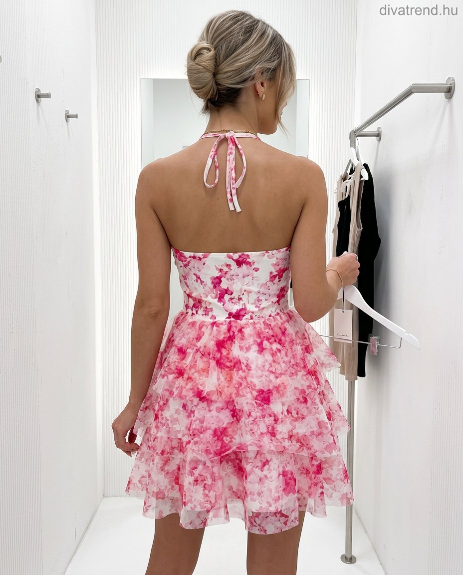 virágmintás tüllfodros nyári mini ruha hátulról