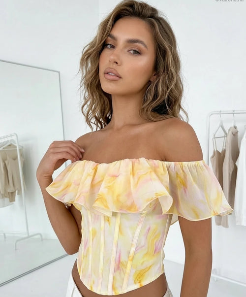 sárga márványmintás bardot fűző top