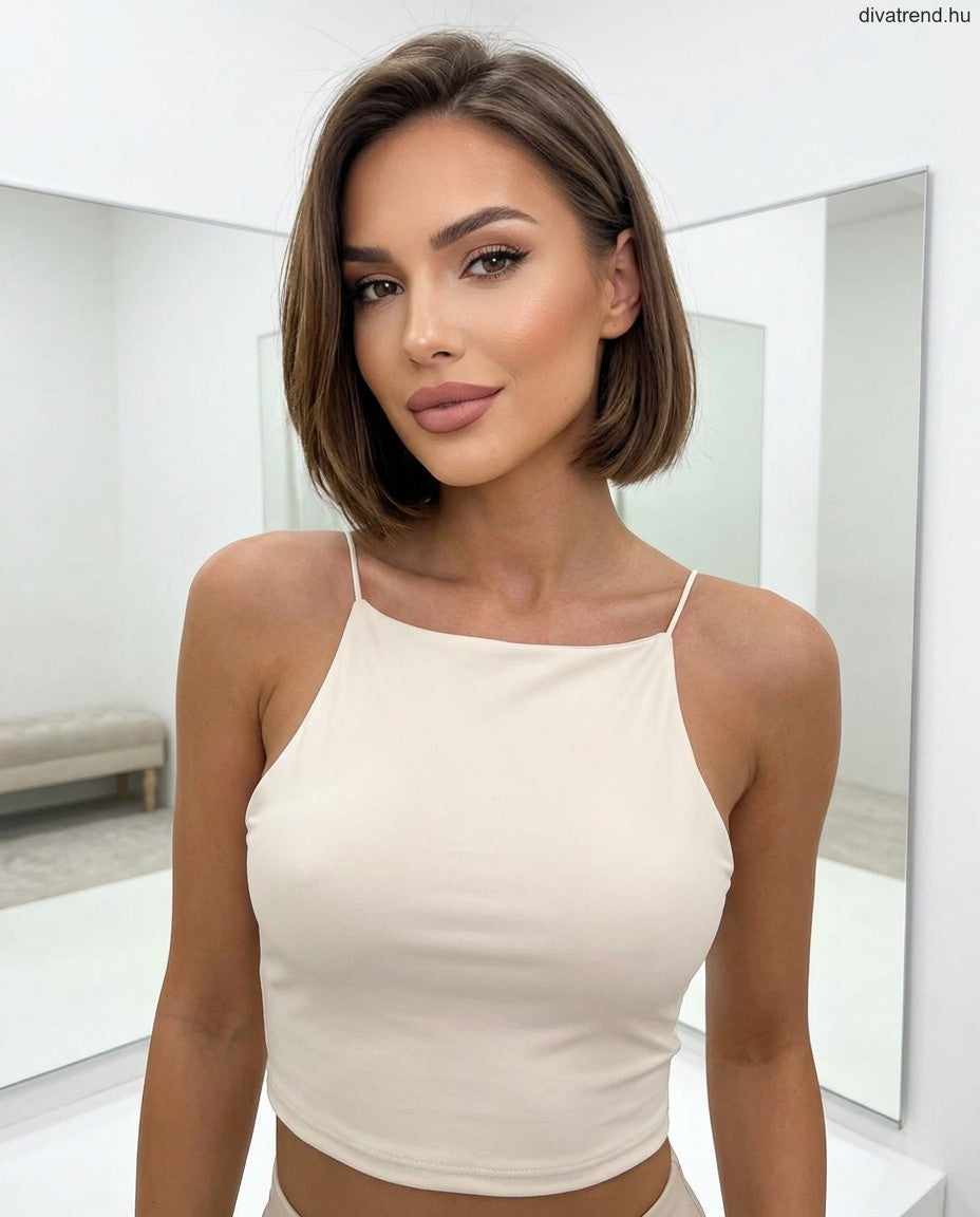 bézs spagettipántos crop top
